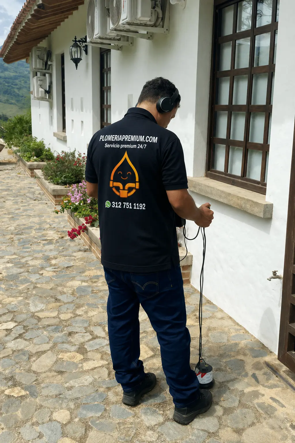 Plomero a domicilio de Plomería Premium con uniforme frente a una casa en Medellín